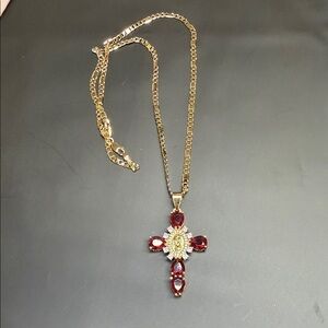 Gold Necklace with Pink Gemstone Cross Pendant